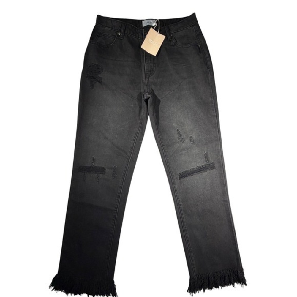NWT Minkpink MPD Black Distressed Fringe Hem Straight Leg Jeans Womens Size M